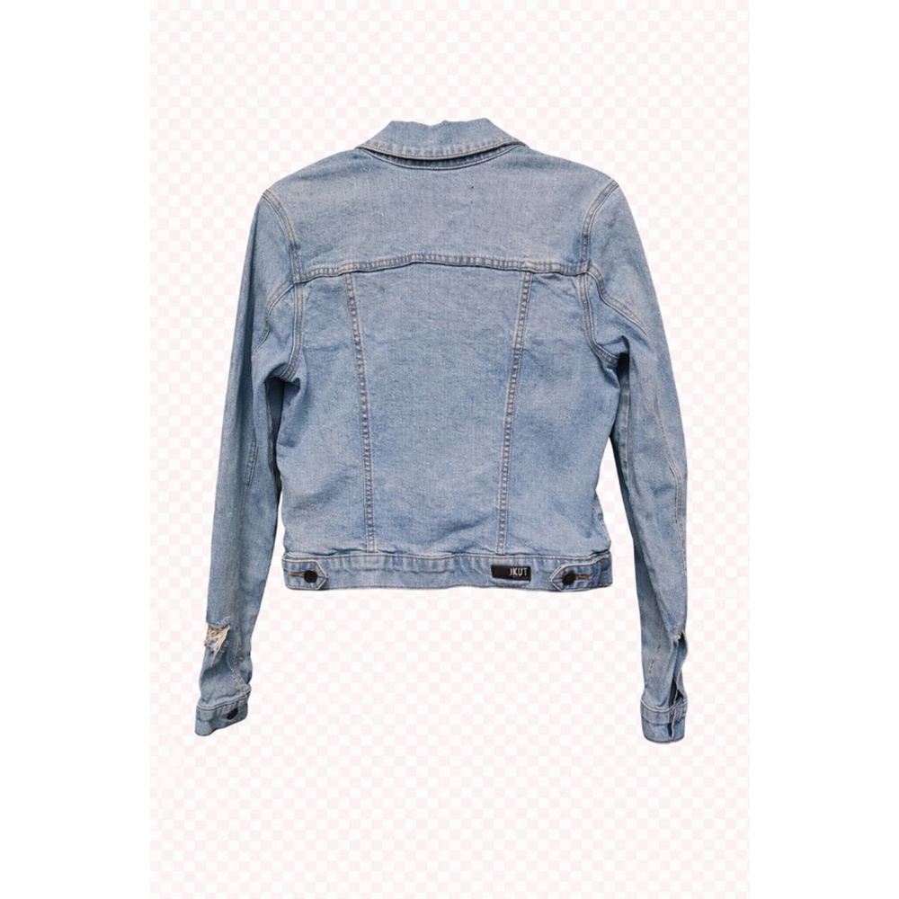 KUT From The Kloth Distressed Denim Jacket Small | Light Wash Stretch Jacket - Picture 3 of 5
